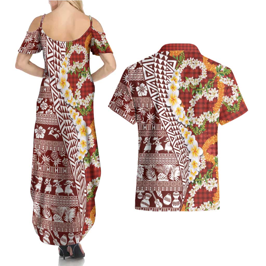 Hawaiian Plumeria Lei Couples Matching Summer Maxi Dress and Hawaiian Shirt Kakau Motifs and Palaka Half Style Red Color LT03 - Polynesian Pride