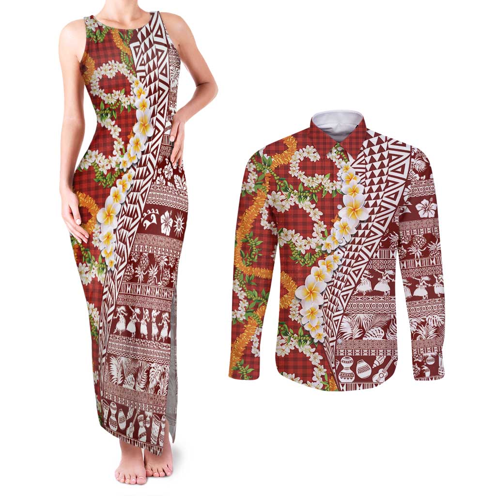 Hawaiian Plumeria Lei Couples Matching Tank Maxi Dress and Long Sleeve Button Shirt Kakau Motifs and Palaka Half Style Red Color - Polynesian Pride