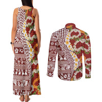 Hawaiian Plumeria Lei Couples Matching Tank Maxi Dress and Long Sleeve Button Shirt Kakau Motifs and Palaka Half Style Red Color LT03 - Polynesian Pride