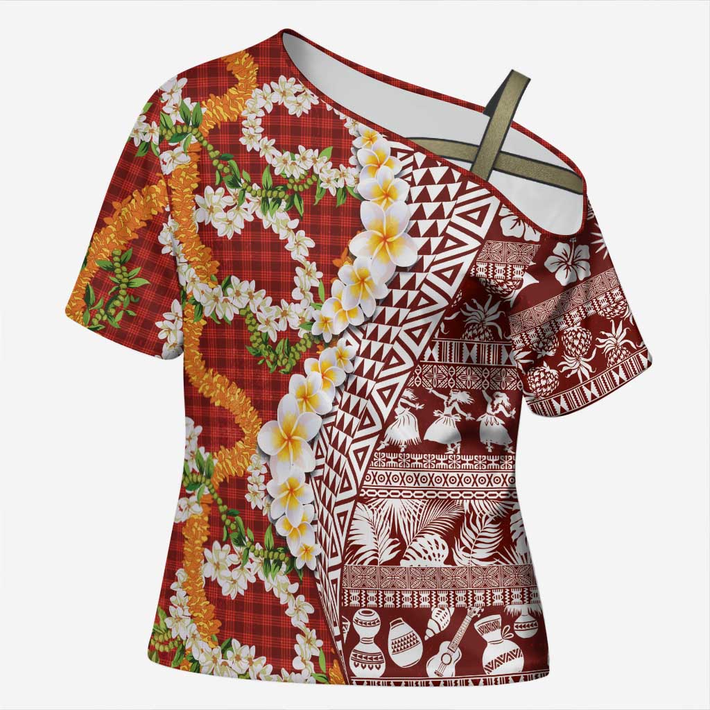 Hawaiian Plumeria Lei Cross Shoulder Shirt Kakau Motifs and Palaka Half Style Red Color LT03 Female Red - Polynesian Pride