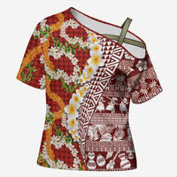 Hawaiian Plumeria Lei Cross Shoulder Shirt Kakau Motifs and Palaka Half Style Red Color LT03 Female Red - Polynesian Pride