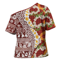 Hawaiian Plumeria Lei Cross Shoulder Shirt Kakau Motifs and Palaka Half Style Red Color LT03 - Polynesian Pride