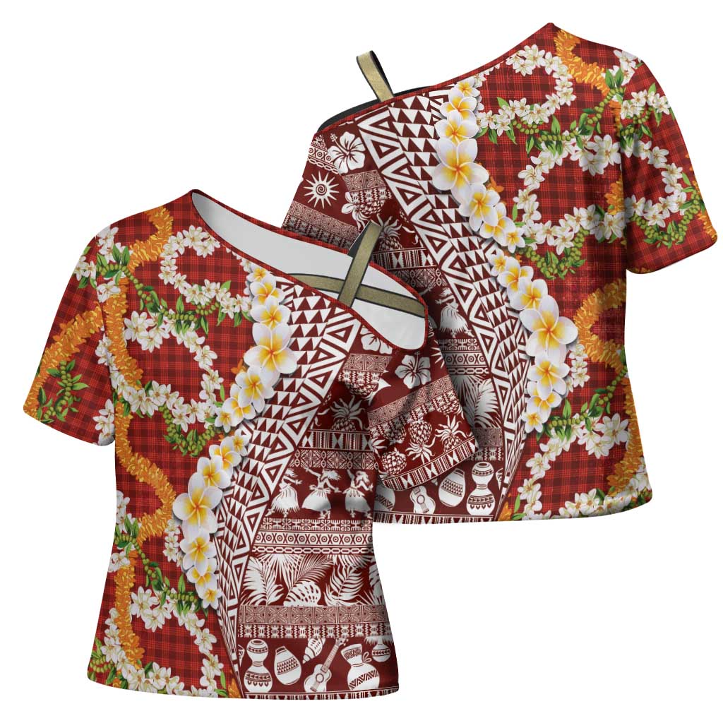 Hawaiian Plumeria Lei Cross Shoulder Shirt Kakau Motifs and Palaka Half Style Red Color LT03 - Polynesian Pride