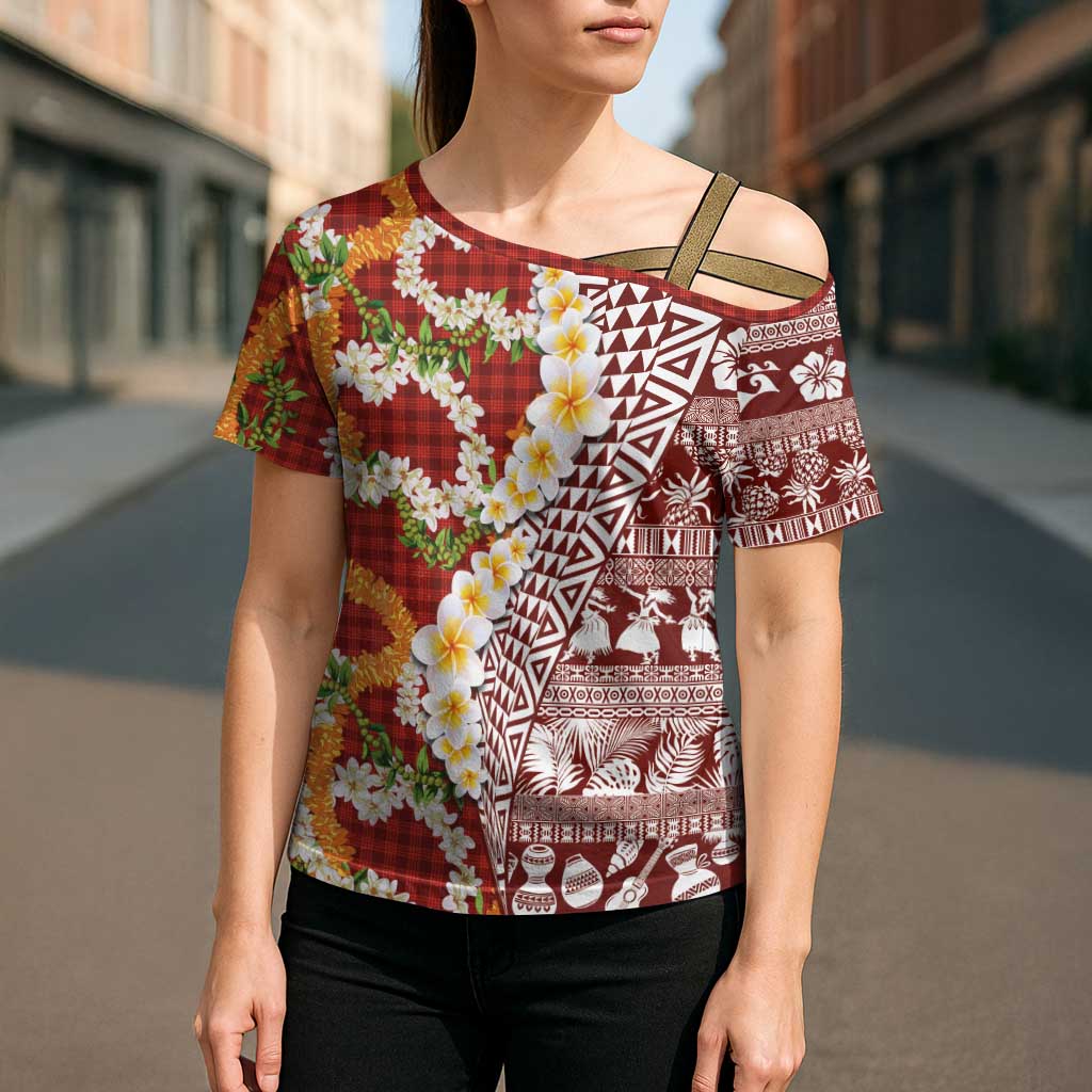 Hawaiian Plumeria Lei Cross Shoulder Shirt Kakau Motifs and Palaka Half Style Red Color LT03 - Polynesian Pride