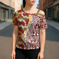 Hawaiian Plumeria Lei Cross Shoulder Shirt Kakau Motifs and Palaka Half Style Red Color LT03 - Polynesian Pride