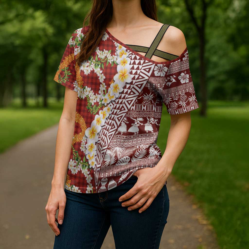 Hawaiian Plumeria Lei Cross Shoulder Shirt Kakau Motifs and Palaka Half Style Red Color LT03 - Polynesian Pride