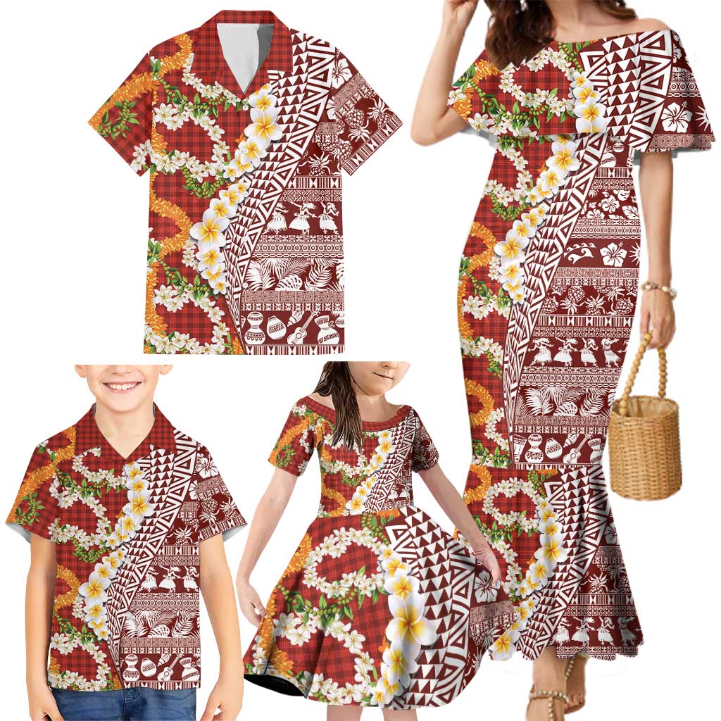Hawaiian Plumeria Lei Family Matching Mermaid Dress and Hawaiian Shirt Kakau Motifs and Palaka Half Style Red Color - Polynesian Pride