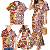Hawaiian Plumeria Lei Family Matching Mermaid Dress and Hawaiian Shirt Kakau Motifs and Palaka Half Style Red Color LT03 - Polynesian Pride