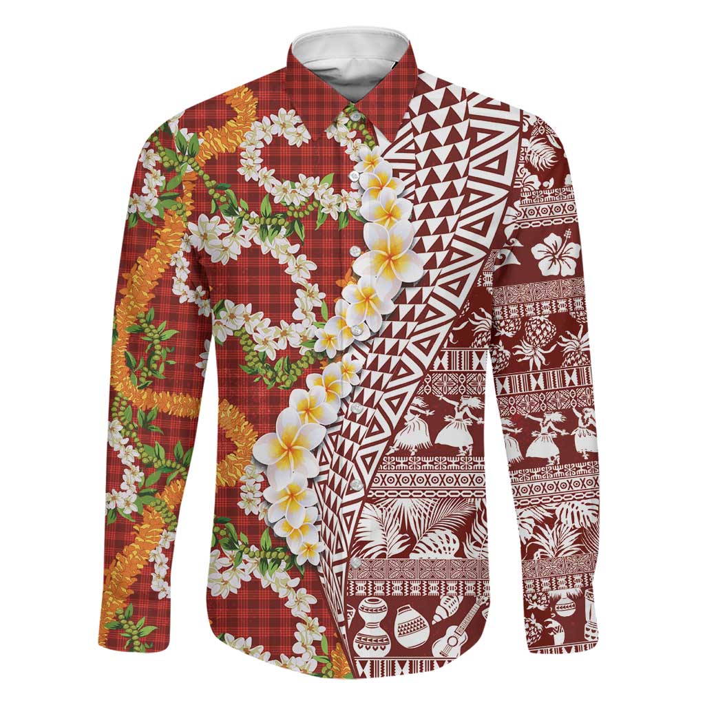 Hawaiian Plumeria Lei Family Matching Mermaid Dress and Hawaiian Shirt Kakau Motifs and Palaka Half Style Red Color LT03 Dad's Shirt - Long Sleeve Red - Polynesian Pride