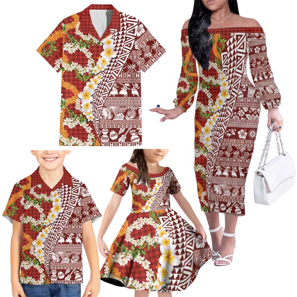 Hawaiian Plumeria Lei Family Matching Off The Shoulder Long Sleeve Dress and Hawaiian Shirt Kakau Motifs and Palaka Half Style Red Color LT03 - Polynesian Pride