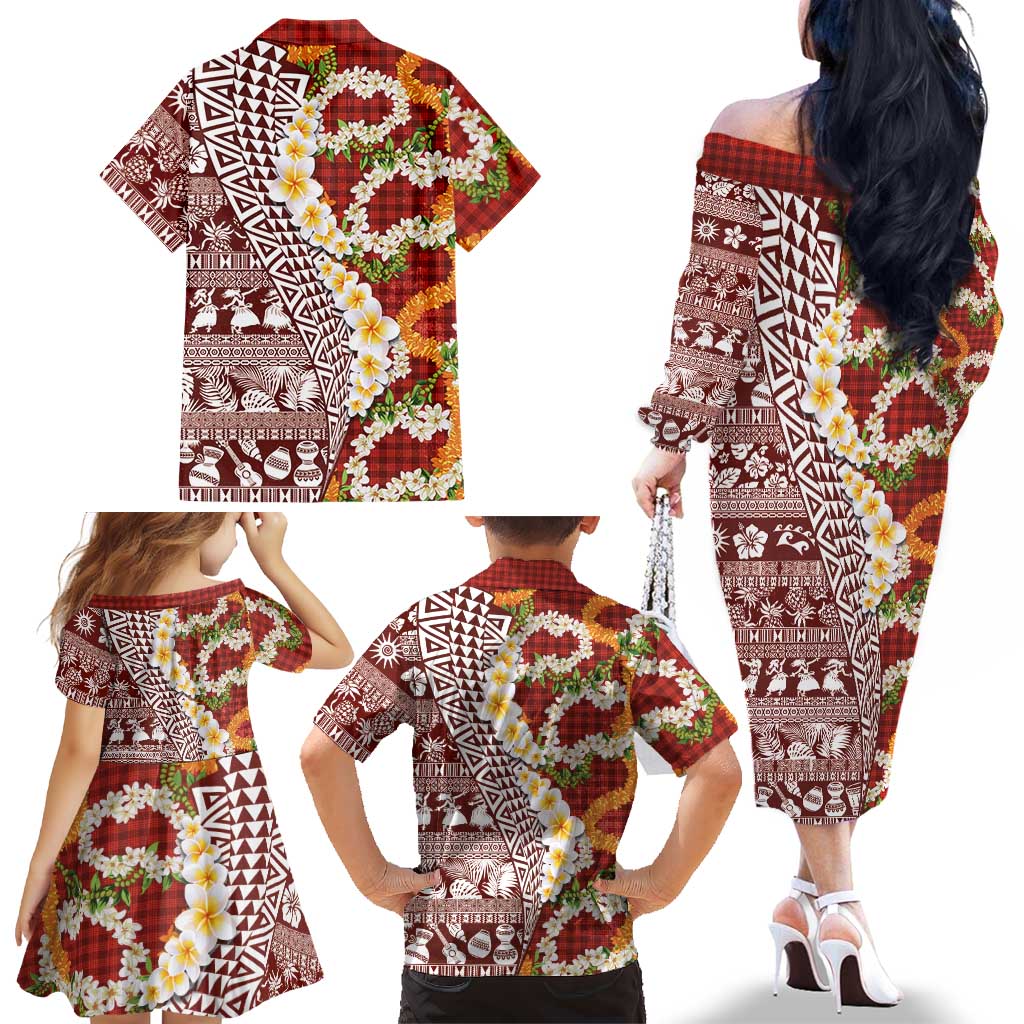 Hawaiian Plumeria Lei Family Matching Off The Shoulder Long Sleeve Dress and Hawaiian Shirt Kakau Motifs and Palaka Half Style Red Color LT03 - Polynesian Pride