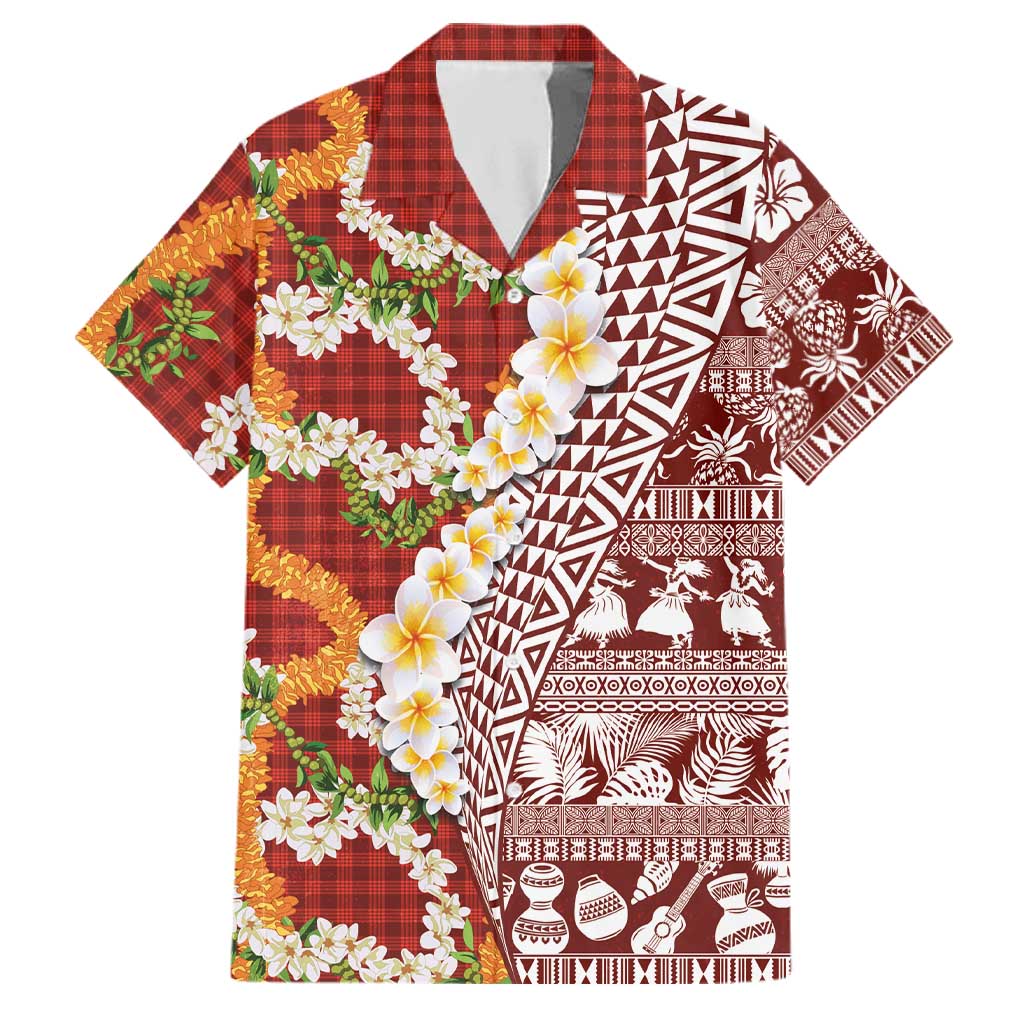 Hawaiian Plumeria Lei Family Matching Off The Shoulder Long Sleeve Dress and Hawaiian Shirt Kakau Motifs and Palaka Half Style Red Color LT03 Dad's Shirt - Short Sleeve Red - Polynesian Pride