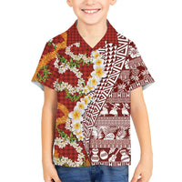 Hawaiian Plumeria Lei Family Matching Off The Shoulder Long Sleeve Dress and Hawaiian Shirt Kakau Motifs and Palaka Half Style Red Color LT03 Son's Shirt Red - Polynesian Pride
