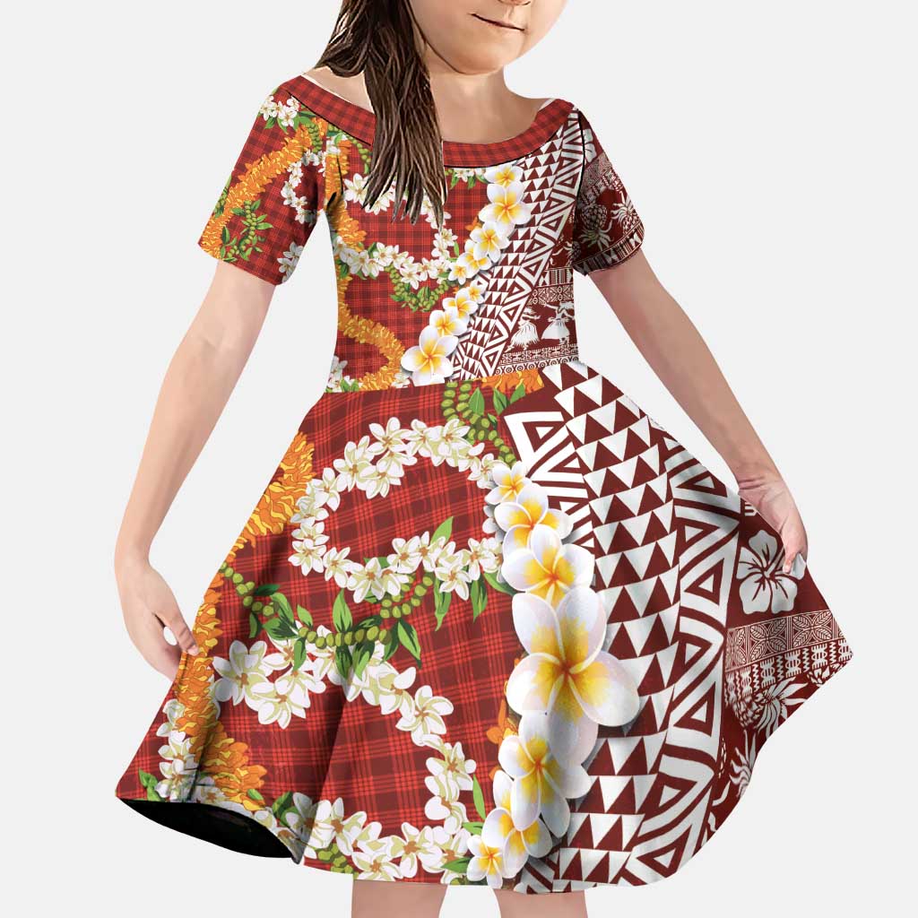 Hawaiian Plumeria Lei Family Matching Off Shoulder Maxi Dress and Hawaiian Shirt Kakau Motifs and Palaka Half Style Red Color LT03 Daughter's Dress Red - Polynesian Pride