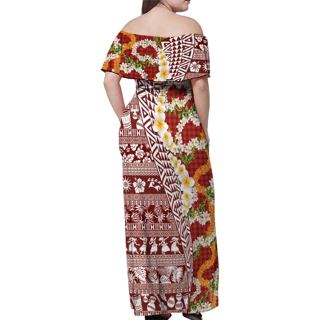 Hawaiian Plumeria Lei Family Matching Off Shoulder Maxi Dress and Hawaiian Shirt Kakau Motifs and Palaka Half Style Red Color LT03 - Polynesian Pride