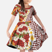 Hawaiian Plumeria Lei Family Matching Off Shoulder Short Dress and Hawaiian Shirt Kakau Motifs and Palaka Half Style Red Color LT03 Daughter's Dress Red - Polynesian Pride