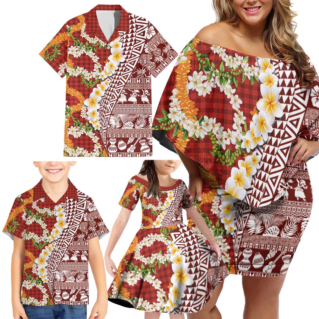Hawaiian Plumeria Lei Family Matching Off Shoulder Short Dress and Hawaiian Shirt Kakau Motifs and Palaka Half Style Red Color LT03 - Polynesian Pride