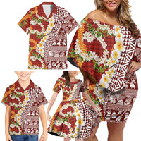 Hawaiian Plumeria Lei Family Matching Off Shoulder Short Dress and Hawaiian Shirt Kakau Motifs and Palaka Half Style Red Color LT03 - Polynesian Pride