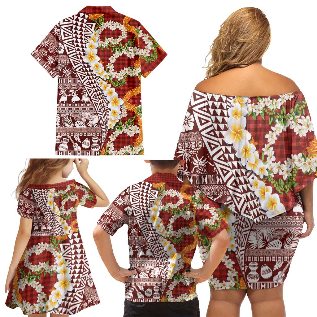 Hawaiian Plumeria Lei Family Matching Off Shoulder Short Dress and Hawaiian Shirt Kakau Motifs and Palaka Half Style Red Color LT03 - Polynesian Pride