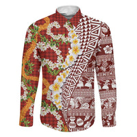 Hawaiian Plumeria Lei Family Matching Off Shoulder Short Dress and Hawaiian Shirt Kakau Motifs and Palaka Half Style Red Color LT03 Dad's Shirt - Long Sleeve Red - Polynesian Pride