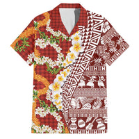 Hawaiian Plumeria Lei Family Matching Puletasi and Hawaiian Shirt Kakau Motifs and Palaka Half Style Red Color LT03 Dad's Shirt - Short Sleeve Red - Polynesian Pride