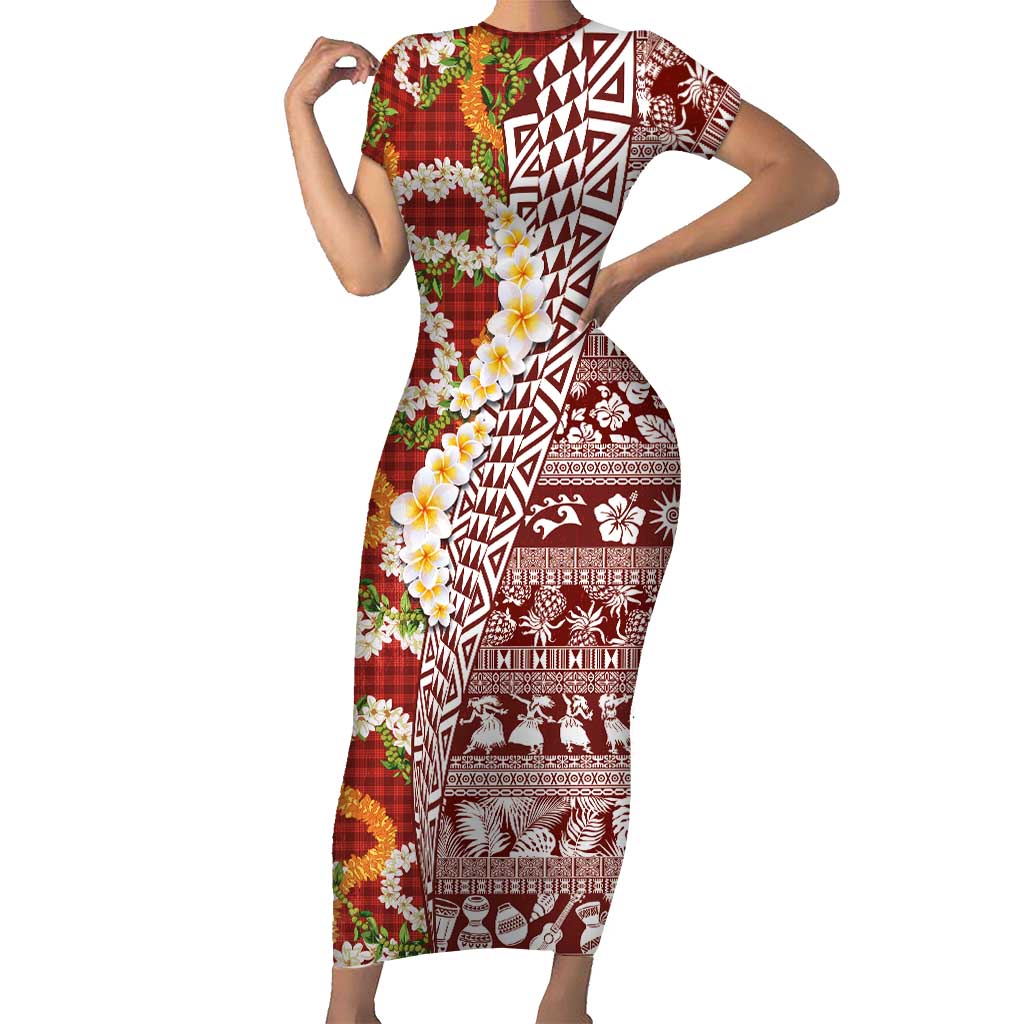 Hawaiian Plumeria Lei Family Matching Short Sleeve Bodycon Dress and Hawaiian Shirt Kakau Motifs and Palaka Half Style Red Color LT03 Mom's Dress Red - Polynesian Pride