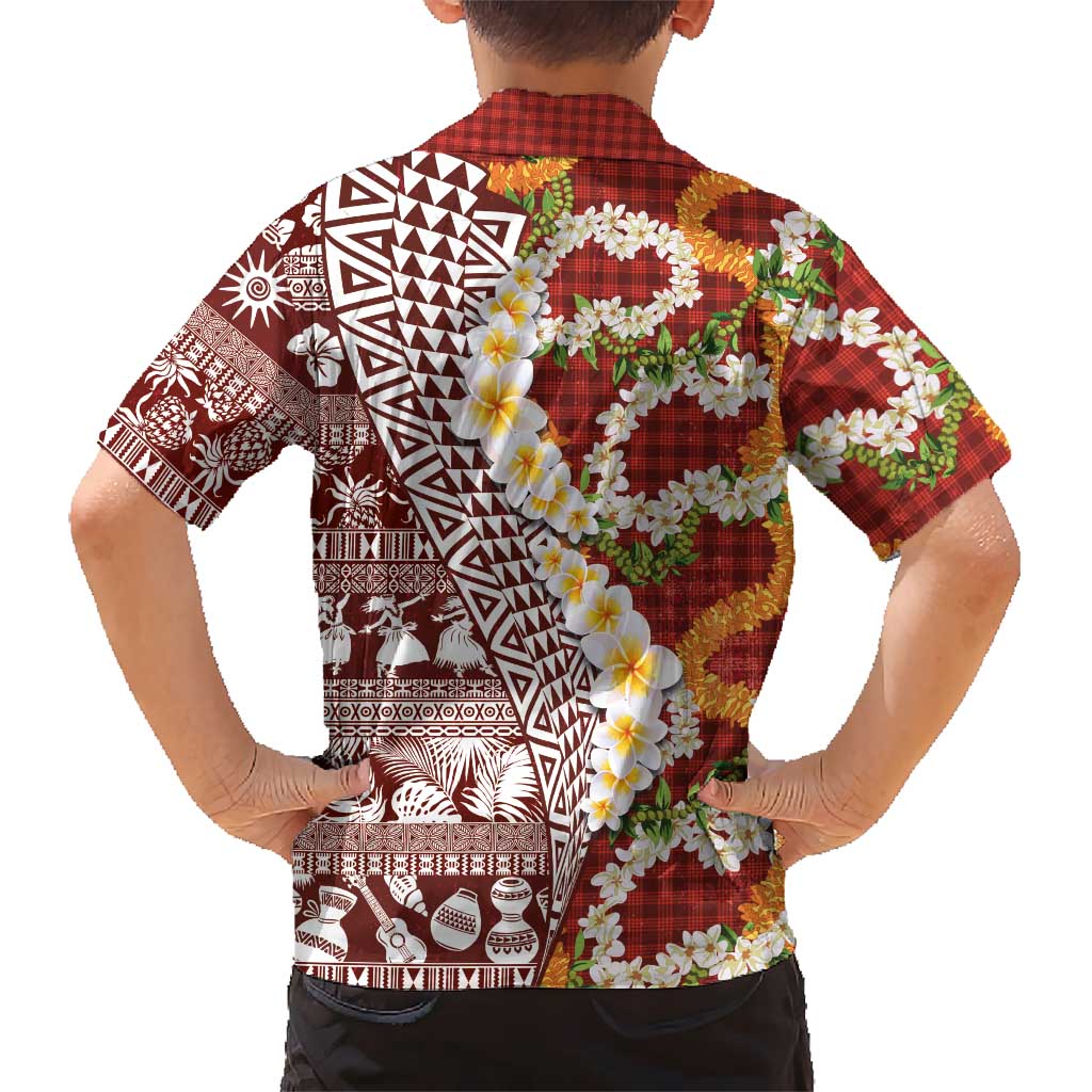 Hawaiian Plumeria Lei Family Matching Summer Maxi Dress and Hawaiian Shirt Kakau Motifs and Palaka Half Style Red Color LT03 - Polynesian Pride