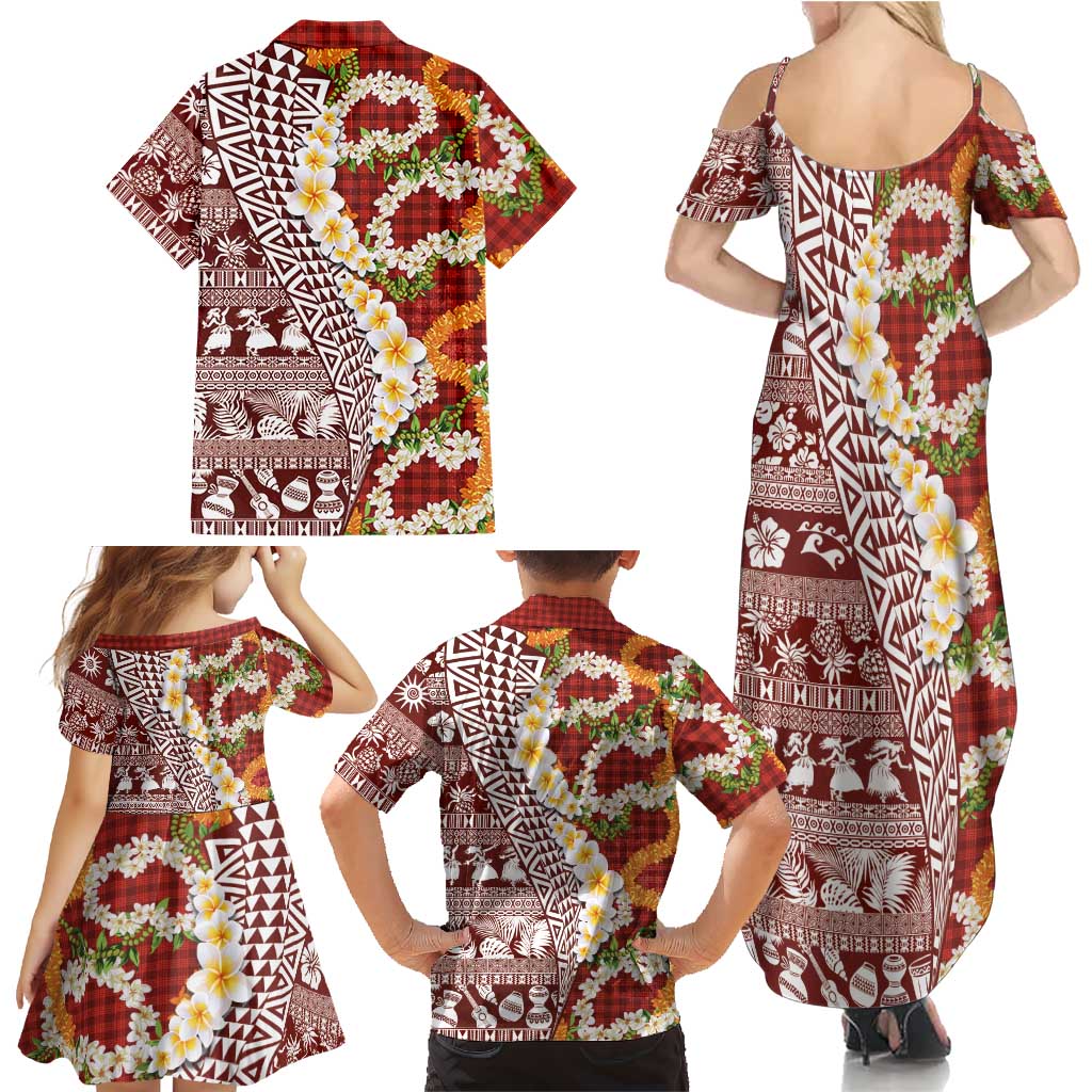 Hawaiian Plumeria Lei Family Matching Summer Maxi Dress and Hawaiian Shirt Kakau Motifs and Palaka Half Style Red Color LT03 - Polynesian Pride