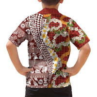 Hawaiian Plumeria Lei Family Matching Tank Maxi Dress and Hawaiian Shirt Kakau Motifs and Palaka Half Style Red Color LT03 - Polynesian Pride