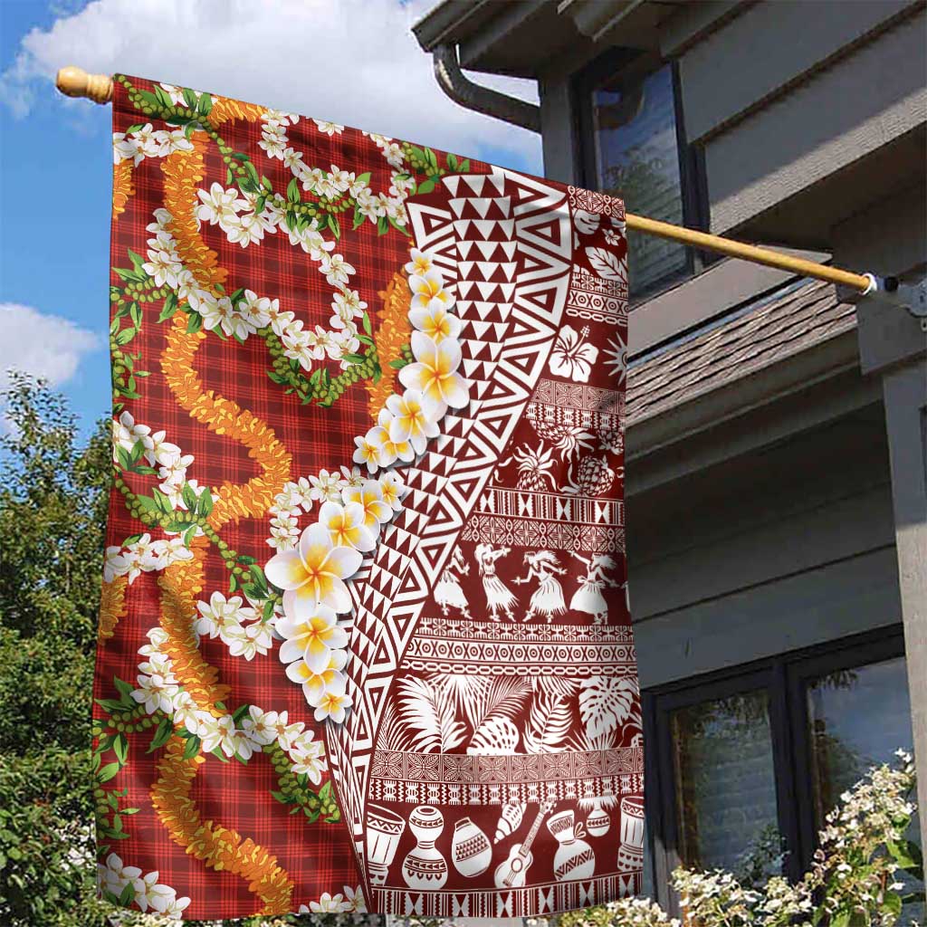 Hawaiian Plumeria Lei Garden Flag Kakau Motifs and Palaka Half Style Red Color LT03 - Polynesian Pride