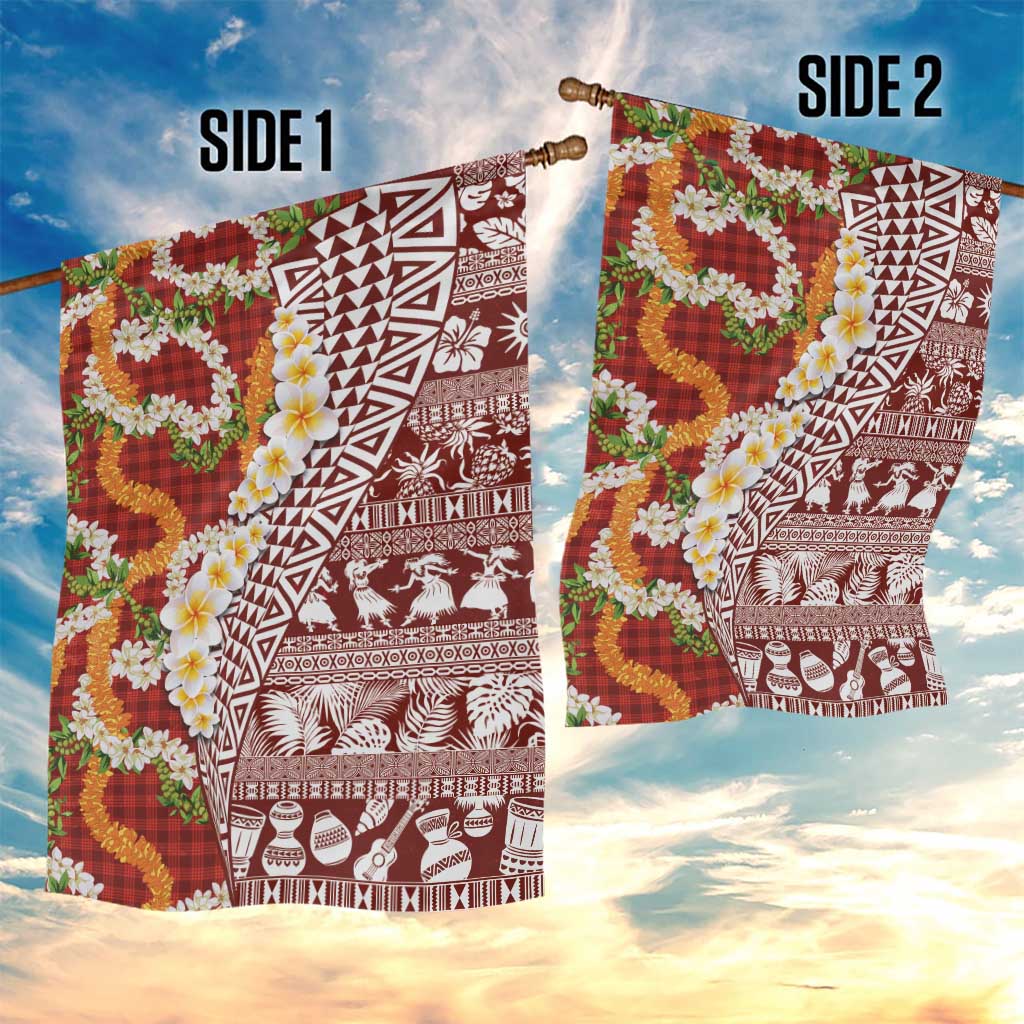 Hawaiian Plumeria Lei Garden Flag Kakau Motifs and Palaka Half Style Red Color LT03 - Polynesian Pride