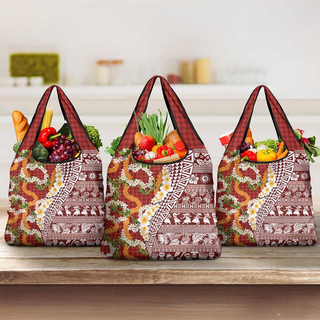 Hawaiian Plumeria Lei Grocery Bag Kakau Motifs and Palaka Half Style Red Color LT03 3-pack One Size Red - Polynesian Pride