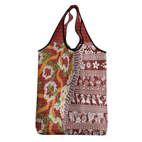 Hawaiian Plumeria Lei Grocery Bag Kakau Motifs and Palaka Half Style Red Color LT03 - Polynesian Pride