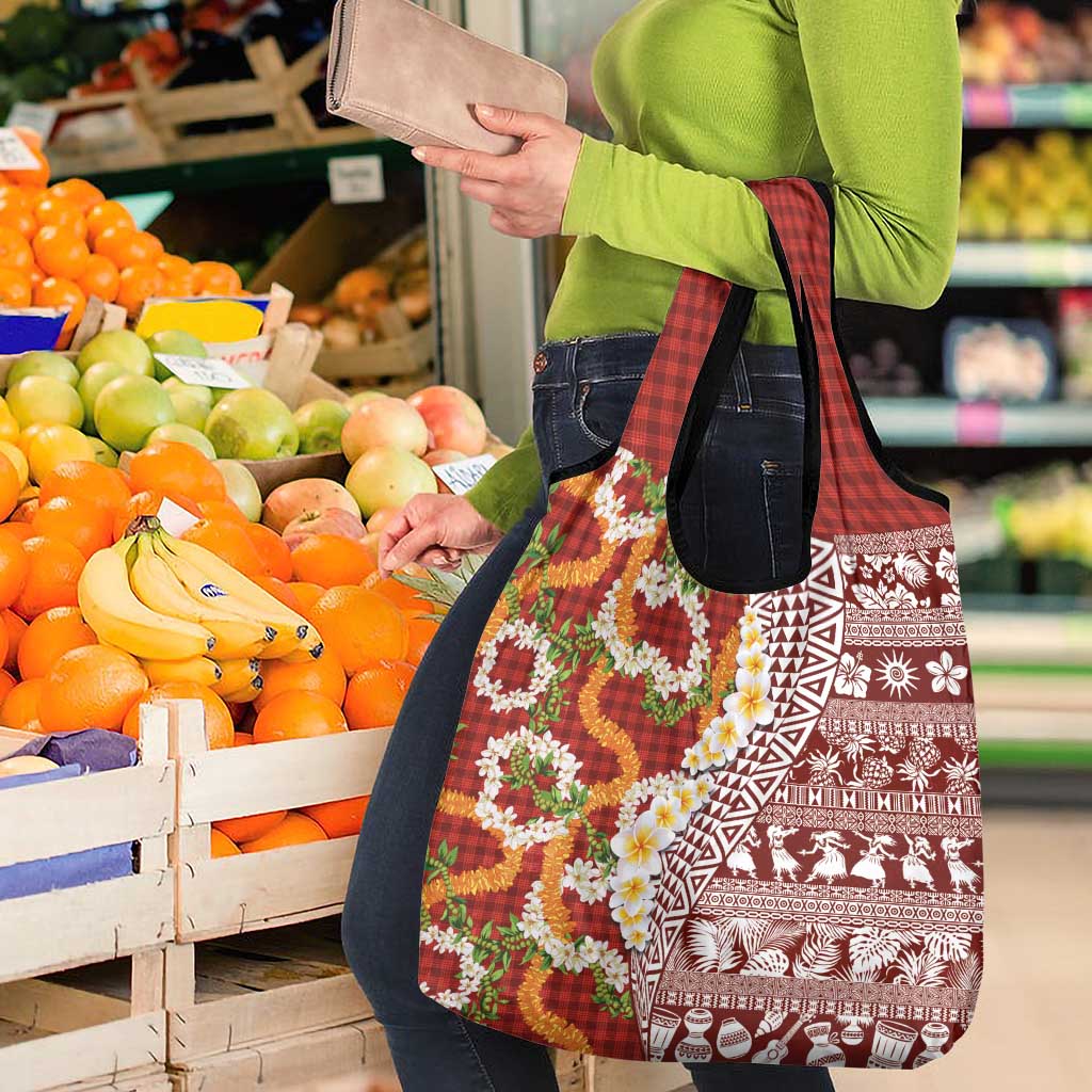 Hawaiian Plumeria Lei Grocery Bag Kakau Motifs and Palaka Half Style Red Color LT03 - Polynesian Pride
