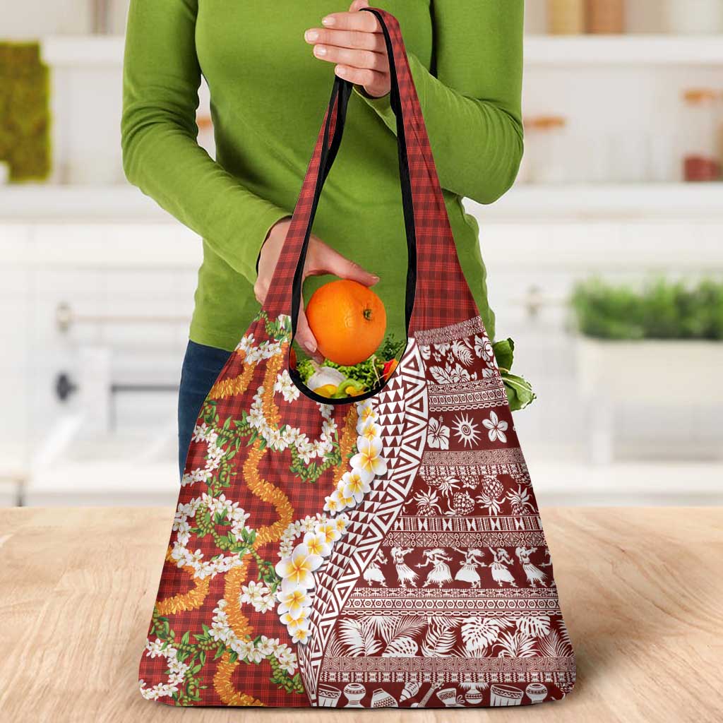 Hawaiian Plumeria Lei Grocery Bag Kakau Motifs and Palaka Half Style Red Color LT03 - Polynesian Pride