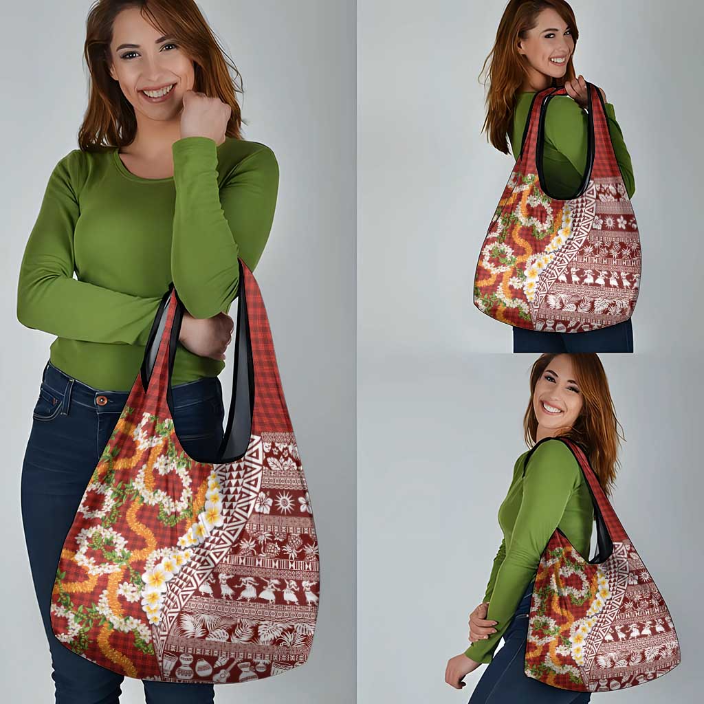 Hawaiian Plumeria Lei Grocery Bag Kakau Motifs and Palaka Half Style Red Color LT03 - Polynesian Pride