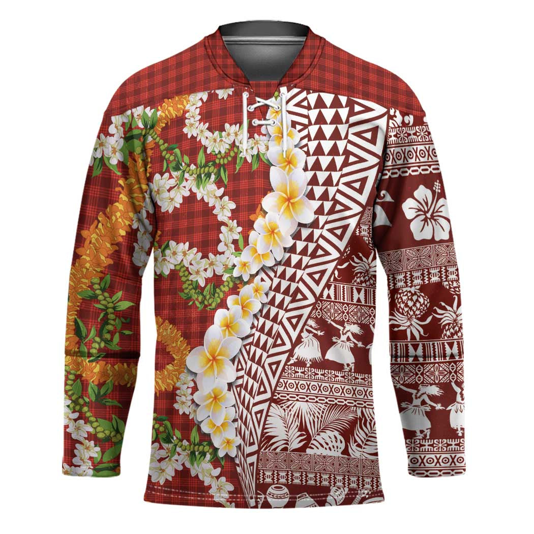 Hawaiian Plumeria Lei Hockey Jersey Kakau Motifs and Palaka Half Style Red Color LT03 Unisex Red - Polynesian Pride
