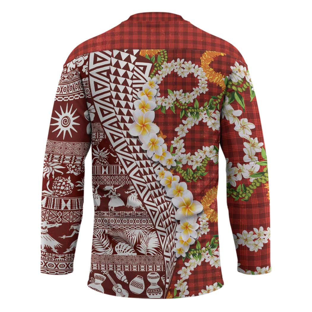 Hawaiian Plumeria Lei Hockey Jersey Kakau Motifs and Palaka Half Style Red Color LT03 - Polynesian Pride
