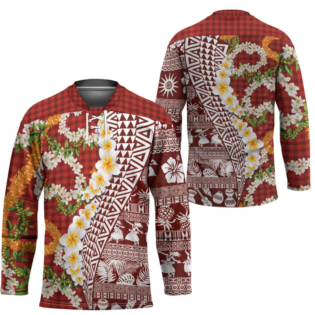 Hawaiian Plumeria Lei Hockey Jersey Kakau Motifs and Palaka Half Style Red Color LT03 - Polynesian Pride