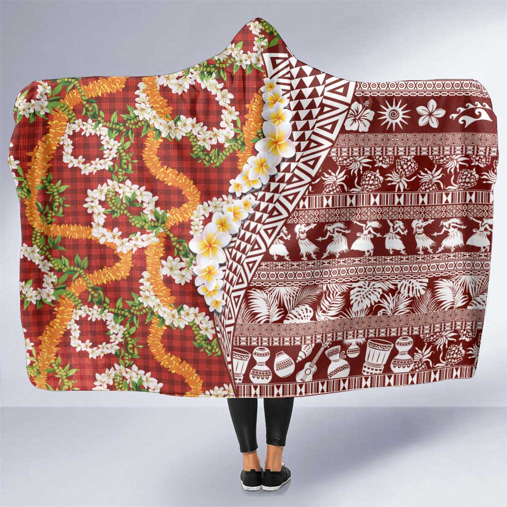 Hawaiian Plumeria Lei Hooded Blanket Kakau Motifs and Palaka Half Style Red Color LT03 One Size Red - Polynesian Pride