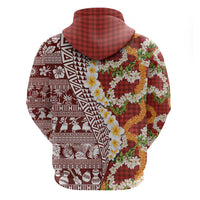 Hawaiian Plumeria Lei Hoodie Kakau Motifs and Palaka Half Style Red Color LT03 - Polynesian Pride
