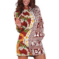 Hawaiian Plumeria Lei Hoodie Dress Kakau Motifs and Palaka Half Style Red Color LT03 Red - Polynesian Pride