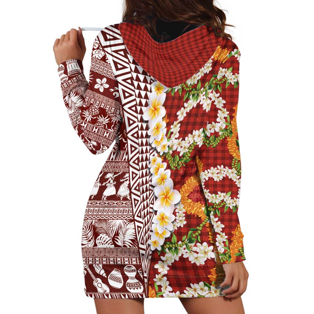 Hawaiian Plumeria Lei Hoodie Dress Kakau Motifs and Palaka Half Style Red Color LT03 - Polynesian Pride