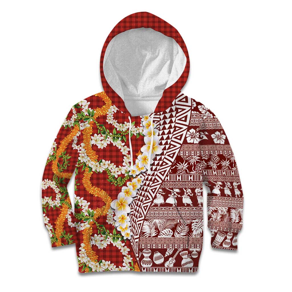 Hawaiian Plumeria Lei Kid Hoodie Kakau Motifs and Palaka Half Style Red Color LT03 Hoodie Red - Polynesian Pride