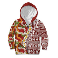 Hawaiian Plumeria Lei Kid Hoodie Kakau Motifs and Palaka Half Style Red Color LT03 Zip Hoodie Red - Polynesian Pride