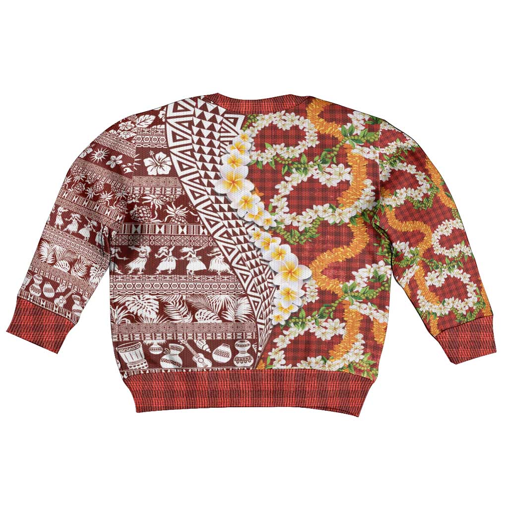 Hawaiian Plumeria Lei Kid Ugly Christmas Sweater Kakau Motifs and Palaka Half Style Red Color LT03 - Polynesian Pride