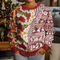 Hawaiian Plumeria Lei Kid Ugly Christmas Sweater Kakau Motifs and Palaka Half Style Red Color LT03 - Polynesian Pride