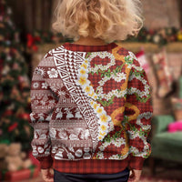 Hawaiian Plumeria Lei Kid Ugly Christmas Sweater Kakau Motifs and Palaka Half Style Red Color LT03 - Polynesian Pride
