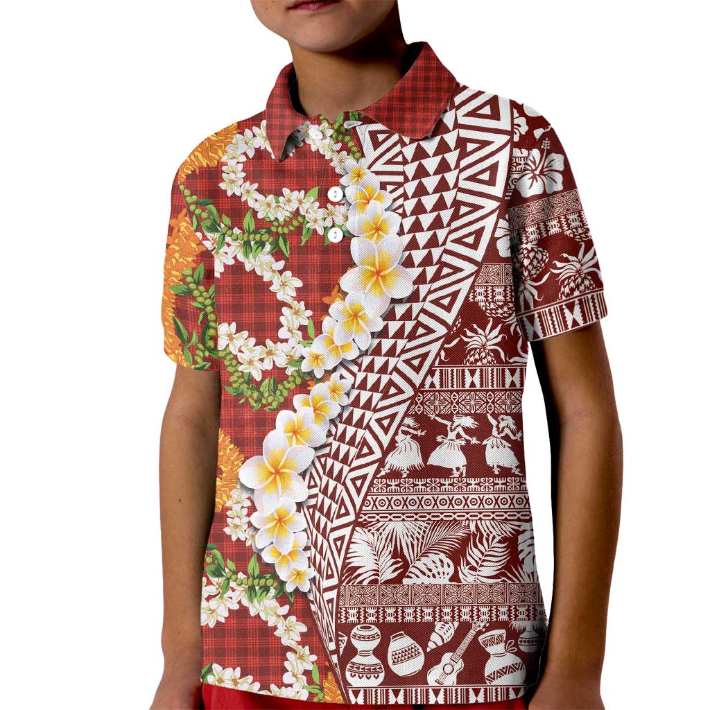 Hawaiian Plumeria Lei Kid Polo Shirt Kakau Motifs and Palaka Half Style Red Color LT03 Kid Red - Polynesian Pride