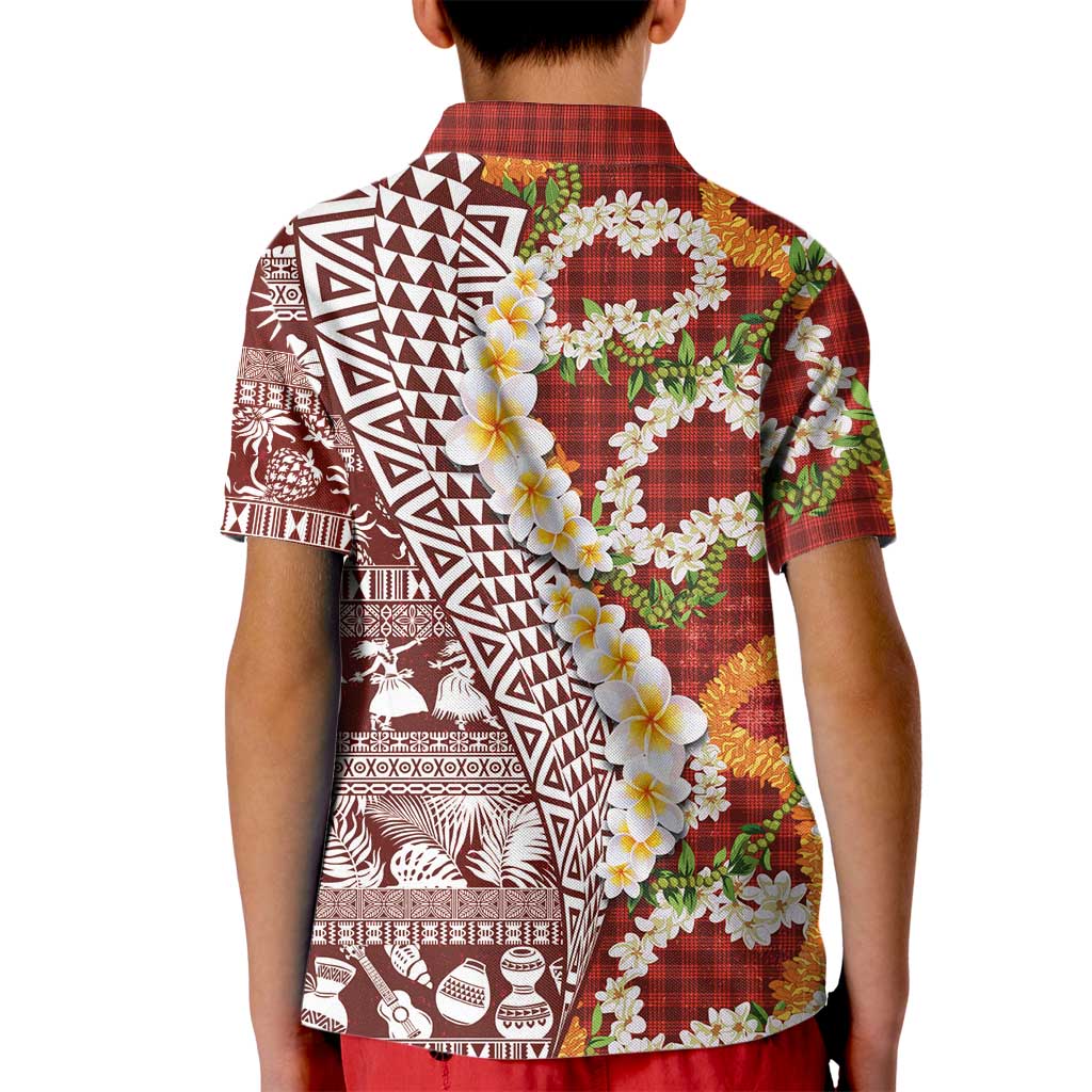 Hawaiian Plumeria Lei Kid Polo Shirt Kakau Motifs and Palaka Half Style Red Color LT03 - Polynesian Pride